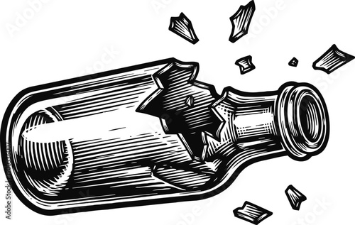 Broken glass bottle with shattered fragments flying out in a dynamic splash effect