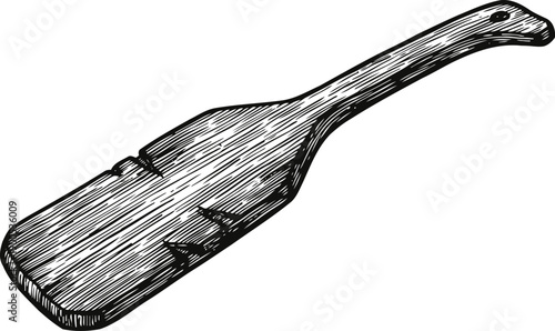 Vintage wooden paddle with engraved details, rustic handcrafted kitchen utensil illustration