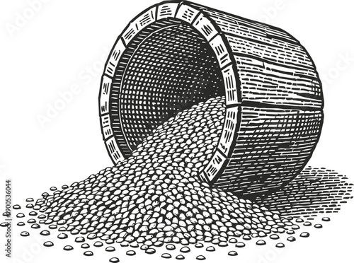 Wooden bucket tipped over spilling beans, hand drawn vintage illustration