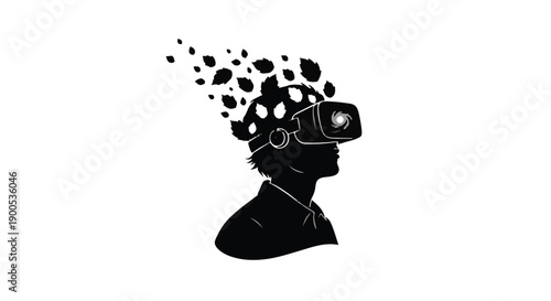 Silhouette of a person wearing virtual reality headset, mind expanding with digital elements.