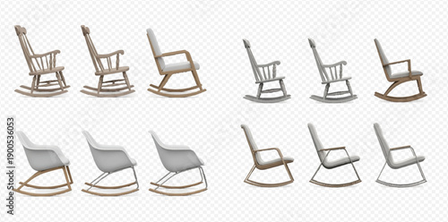 Set of rocking chairs with wooden and metal bases, isolated on a transparent background, showcasing various modern and classic designs for comfortable seating.