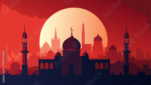 Silhouette of mosque at sunset with crescent moon
