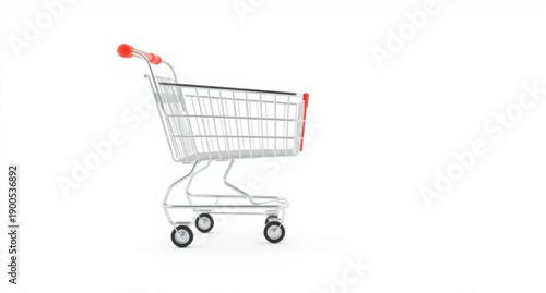An empty red metal shopping cart with chrome wheels is isolated on a white background for retail market and e-commerce business purchase concepts