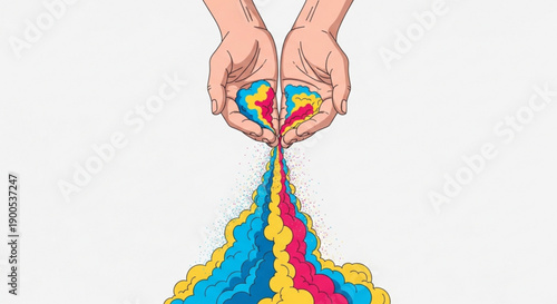 Hands Releasing Colorful Powder on White Background