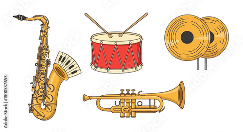 Vector illustration of musical instruments including saxophone, drum, and trumpet