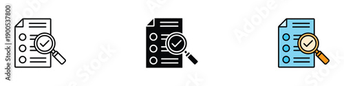 Document inspection icon vector. Checklist verification, Magnifying glass review symbol. Vector illustration.