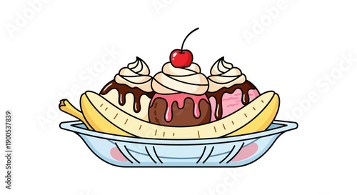 Colorful banana split dessert with ice cream and cherry topping