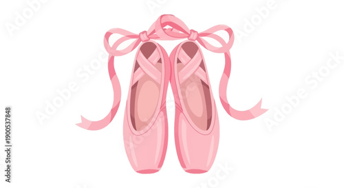 Pair of pink ballet shoes with ribbons on white background