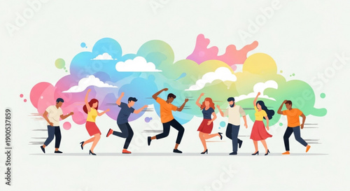 Happy People Dancing Together with Colorful Paint Splashes