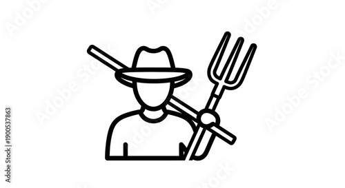 Minimalist line art of farmer with pitchfork and hat