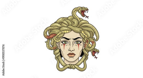 Medusa illustration with snakes and detailed facial features on white background