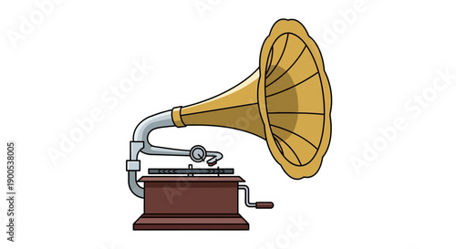 Vintage gramophone illustration with brass horn and wooden base