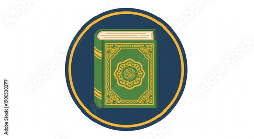 Quran Book Icon in Green and Gold on Blue Background
