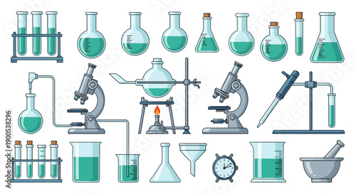 Laboratory equipment set with microscopes, beakers, and test tubes