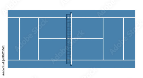 Top view of a blue tennis court with net and lines