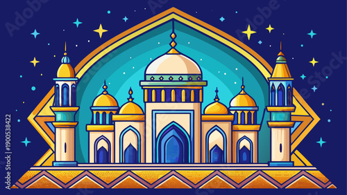 Vibrant cartoon mosque with starry night sky