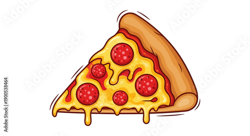 Illustration of a pepperoni pizza slice with melting cheese on white background