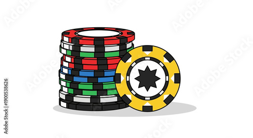 Colorful stack of casino poker chips on white background