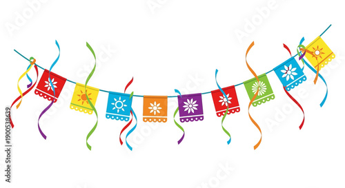 Colorful festive banner with decorative flags and ribbons
