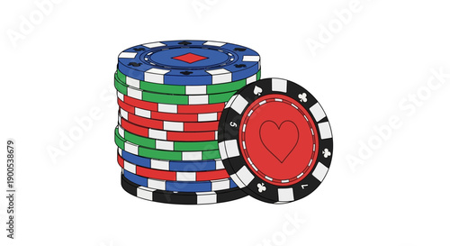 Colorful poker chips stacked in a neat pile on white background
