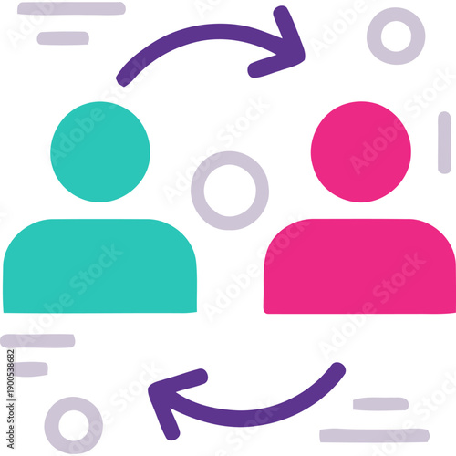 Two people icons with arrows indicating interaction and communication between individuals in a simple graphic illustration