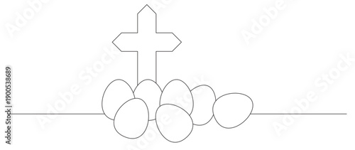 Continuous line art of a cross and an Easter egg below it. This image is to commemorate Easter. Vector illustration.