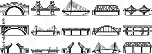 Bridge illustration collection, civil engineering, architecture design, suspension bridge, arch bridge, cable-stayed bridge, truss bridge, beam bridge, drawbridge comparison