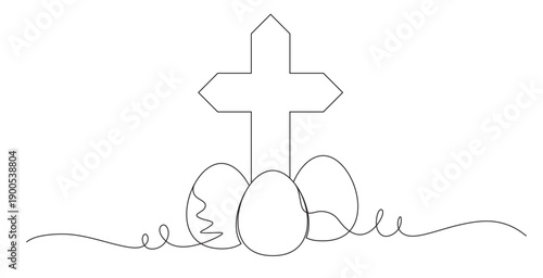 Continuous line art of a cross and an Easter egg below it. This image is to commemorate Easter. Vector illustration.