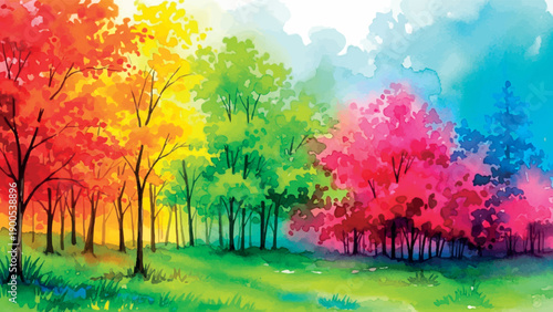Colorful watercolor forest landscape with vibrant seasonal trees and artistic nature scenery