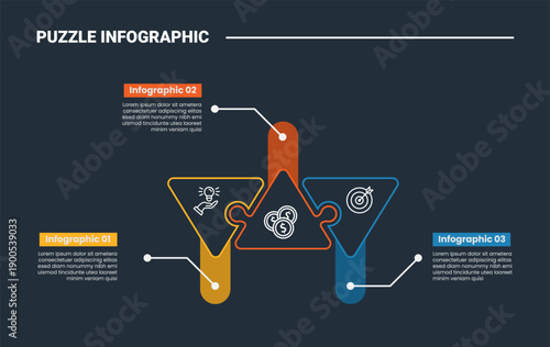 Wallpaper Mural puzzle or jigsaw infographic process diagram with round triangle with long triangle up and down with dark background bright outline style 3 points Torontodigital.ca