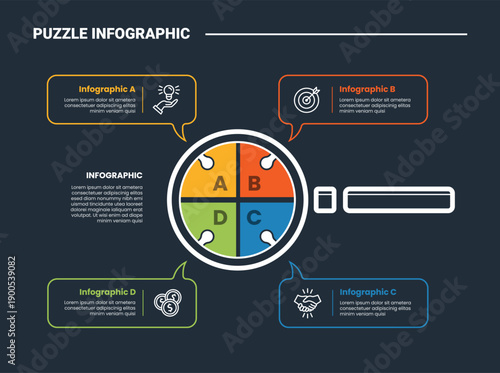 Wallpaper Mural puzzle or jigsaw infographic process diagram with magnifying glass tools horizontal with callout speech bubble discussion with dark background bright outline style 4 points Torontodigital.ca