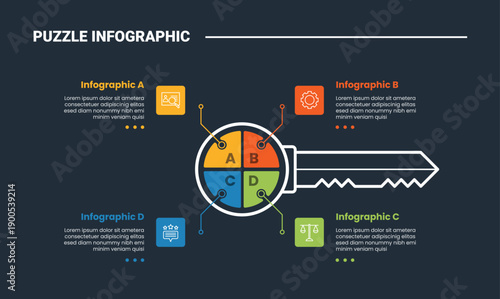 puzzle or jigsaw infographic process diagram with horizontal key on center with dot line pointer spreading around with dark background bright outline style 4 points
