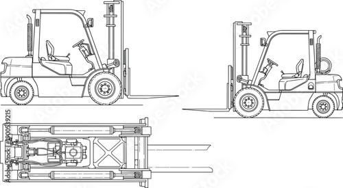 Forklift technical line drawing illustration showing side and top views with detailed mechanical structure for engineering, logistics, warehouse, and industrial concepts