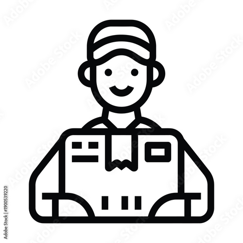 Minimalist outline icon of a delivery worker wearing a cap holding a large package box for customer order fulfillment services