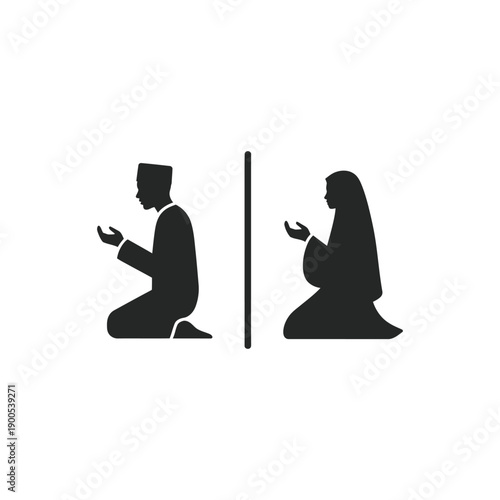 Muslim man and woman praying namaz icon, islamic prayer black silhouette symbol, vector illustration isolated