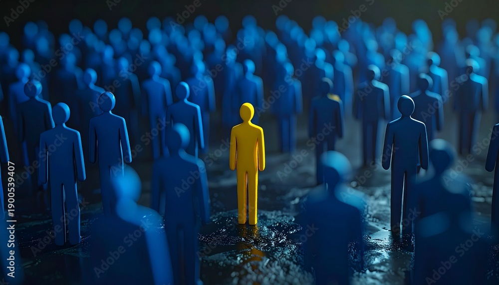 Fototapeta premium Yellow figure stands out amongst crowd of blue figures. Finding right people important in business. Photo illustrates key concept in business strategy, HR. Single person stands out representing 