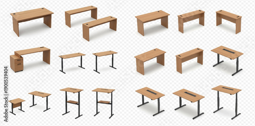Set of realistic wooden office desks and tables with different designs and sizes on transparent background.