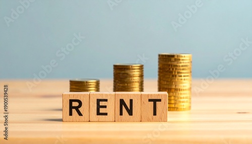 Wallpaper Mural Rising Rent Costs Concept with Wooden Blocks and Gold Coins Representing Inflation Torontodigital.ca