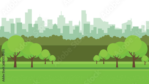 Green city park landscape illustration with trees and urban skyline