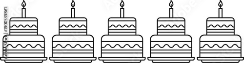 Birthday cake line icon collection, celebration dessert with candle illustration set, party event symbol design, festive bakery vector isolated background