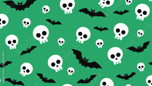 Spooky seamless Halloween pattern featuring an array of white skulls and eerie black flying bats on a vibrant green background.