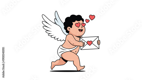 Adorable cartoon cupid with heart-shaped eyes happily running while clutching a love letter, symbolizing romantic affection and Valentine's Day.