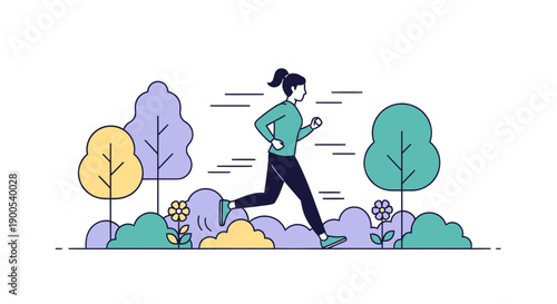 Woman jogging through a vibrant park with colorful trees and flowers on a sunny day running fast.