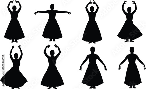 Female dancer silhouette pose collection, classical and contemporary dance movement set, performing arts training illustration, stage performance practice, dance vector isolated background