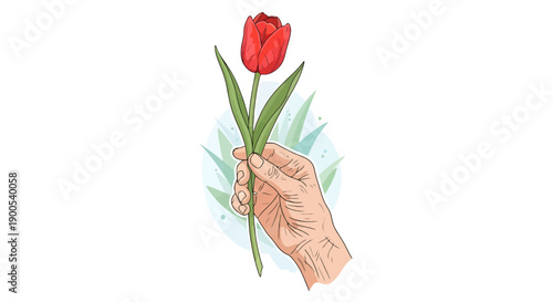 A hand holding a vibrant red tulip flower with green leaves on a white background with floral elements.