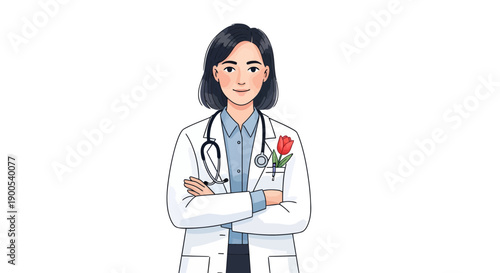Illustration of a smiling female doctor with a stethoscope and red rose standing confidently.