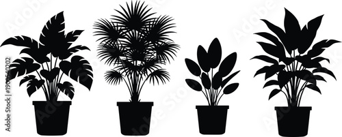 Indoor houseplant silhouettes collection, tropical potted plants home decor botanical foliage set, black vector illustration isolated on white background, interior design concept