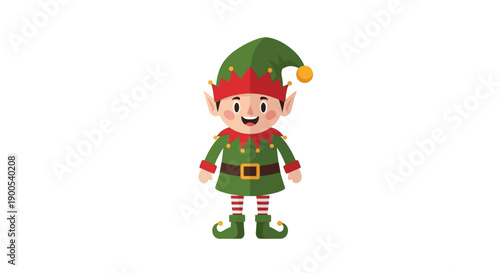 Cheerful cartoon elf character in festive Christmas attire on white background