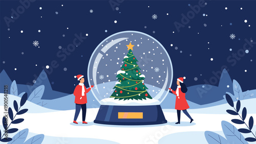 Festive winter scene depicting two people admiring a large snow globe with a decorated Christmas tree, surrounded by a snowy landscape.