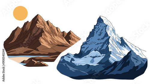 Striking contrast illustration showcasing two distinct mountain landscapes, one sun-baked rocky terrain and another icy, snow-capped peak.